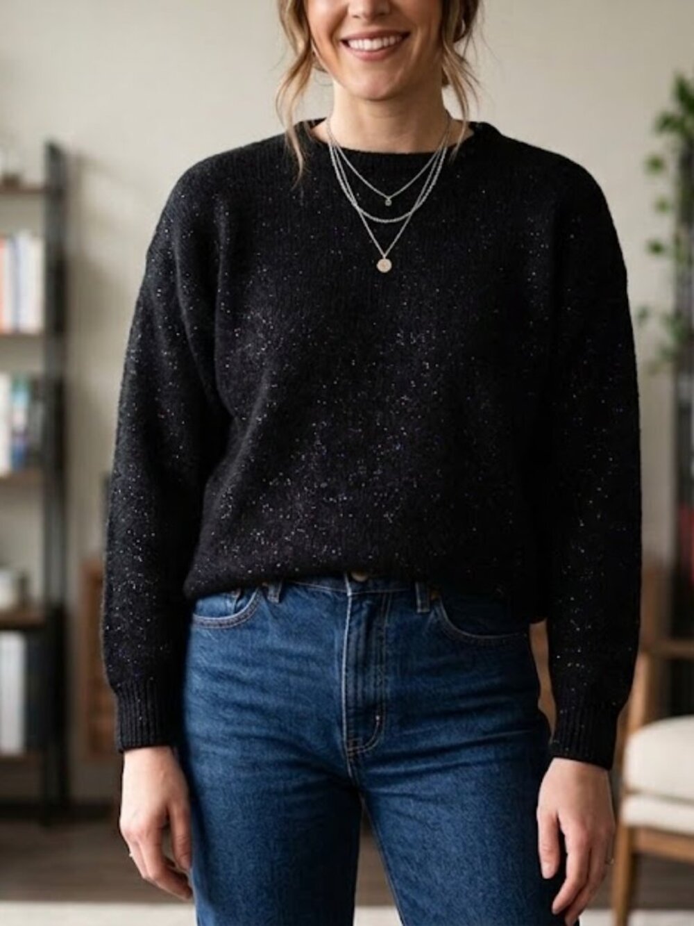 Vintage Carducci Black Wool Sparkle Crewneck Sweater Size M | Knit Metallic